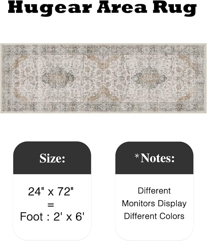 HUGEAR 2x6 Runner Rug Hallway Machine Washable Retro Taupe Green Vintage Floral Low Pile Carpet Distressed Long Throw Rug Bedroom Office Bathroom Kitchen Laundry Non Slip Soft Lightweight