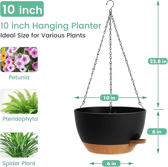 UOUZ Set of 3-10 Inch Self Watering Hanging Planters for Indoor Outdoor，Hanging Plant Pots with Drainage & Removable Tray, Hanging Pots Holder for Ivy, Pothos, Ferns, Balcony & Patio, Black with Brown