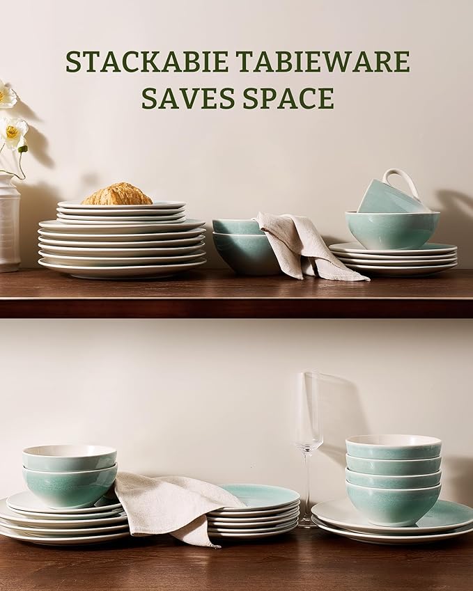 Famiware Glacier Stoneware Dinnerware Sets, 12-Piece Plates and Bowls Set for 4, Reactive Glaze Dishes, Everyday & Formal Use, Dishwasher/Microwave Safe, Chip/Scratch Resistant, Two-Color Glazed, Aqua