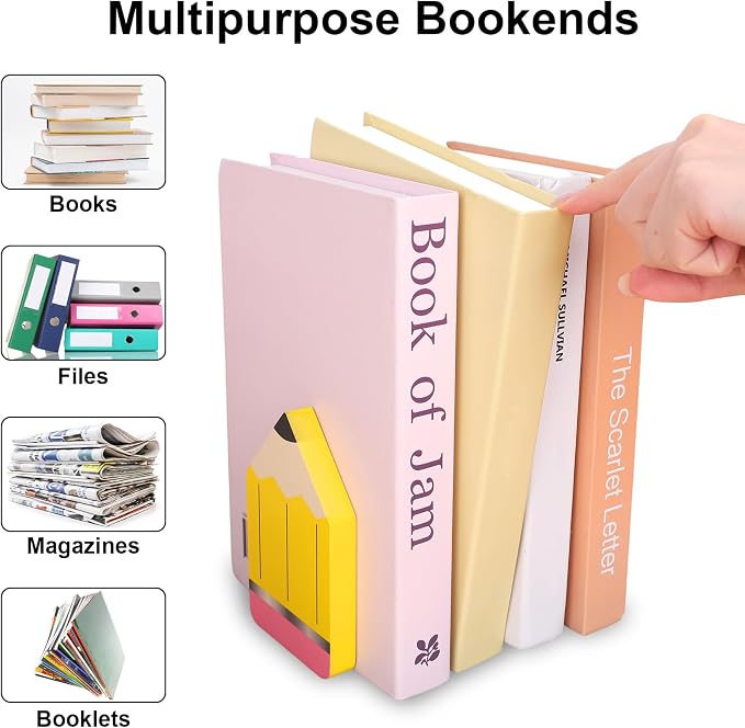 FYSUIMU 4Pcs Back to School Wood Bookends Colorful Pencil Shape Wooden Book Stands Chic Non Skid Book Stoppers for Heavy Books Home School Office Library