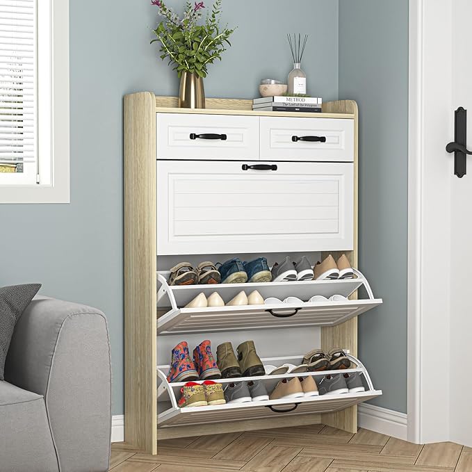 Large Shoe Cabinet for Entryway, Slim Hidden Shoe Storage Cabinet with 3 Flip Drawers and 2 Top Drawers,Shoe Rack Organizer Cabinet for Hallway, Brown and White