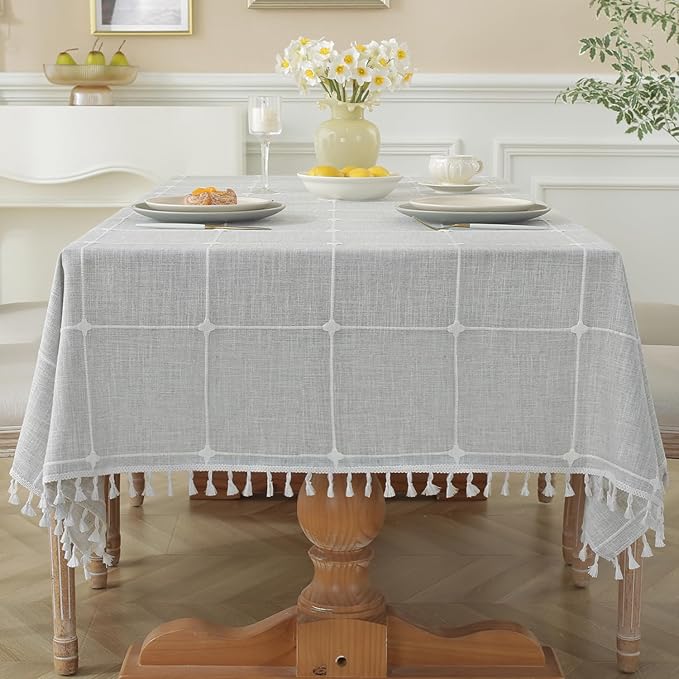 Laolitou Rustic Tablecloth Cotton Linen Waterproof Tablecloths Burlap Table Cloths for Kitchen Dining Cloth Table Cloth for Rectangle Tables Grey Plaids Rectangular,70" x 55",4-6 Seats