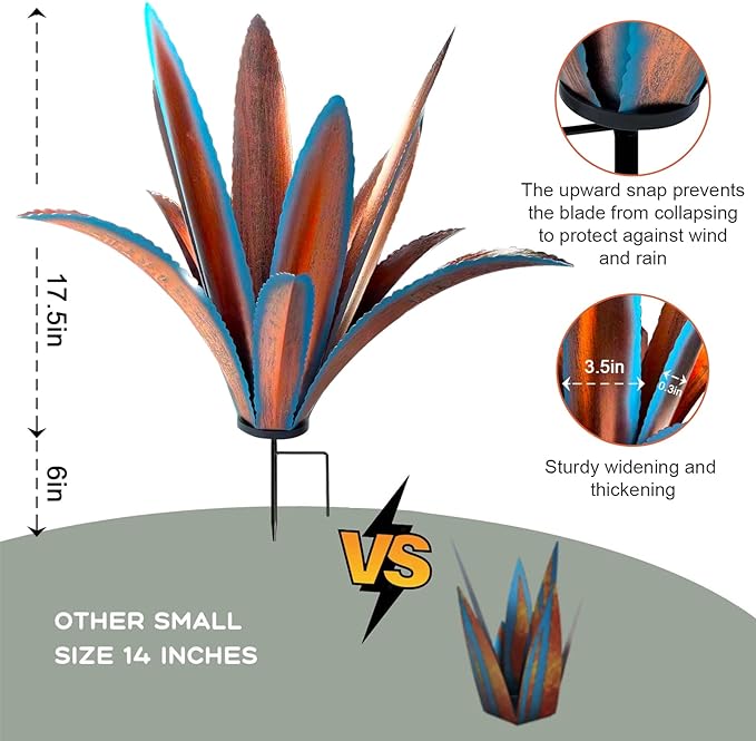 TOMBABY Enlarge Thickened Wind Resistant Metal Agave Garden Art Metal Plant Country Sculpture Statue Outdoor Decoration Agave Metal Plant Courtyard Garden Lawn Ornament Gift (1, 12 Leaves Blue)