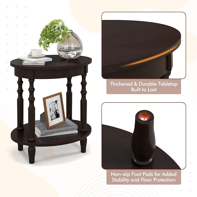 Giantex Oval End Table, 2-Tier Side Table with Storage Shelf & Solid Wood Legs, Modern Living Room Accent Table, Wood Nightstand for Bedroom, Small Space, 20.5" L x 15.5" D x 24.5" H, Espresso