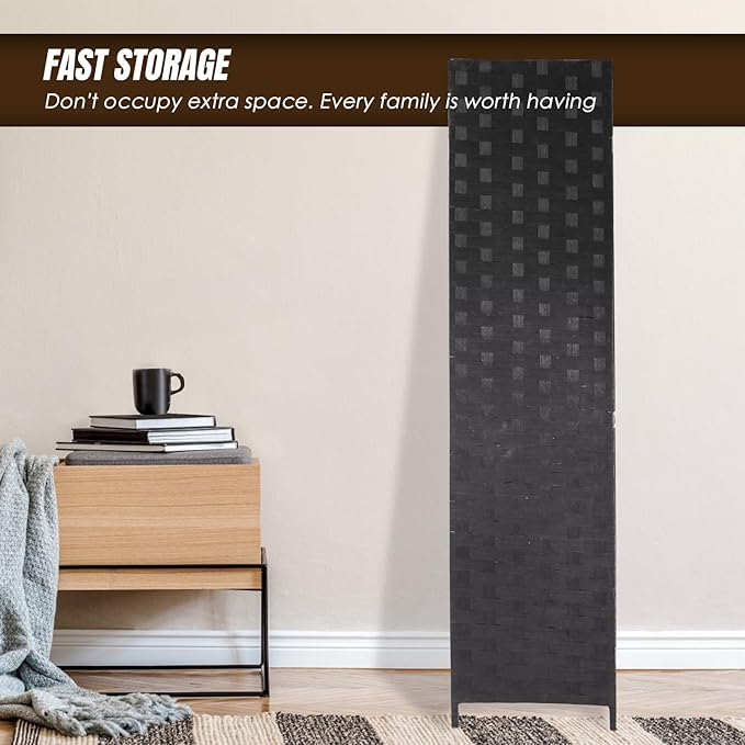 PayLessHere Room Divider 6FT Wood Mesh Hand-Woven Room Divider, 4-Panel Indoor Folding Portable Partition Screen,Black