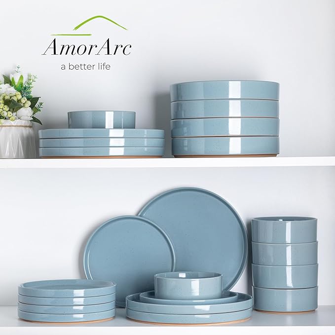 AmorArc Ceramic Dinnerware Set for 6 | Speckled Stoneware Plates and Bowls with Rustic Terracotta Underside| Scratch Resistant,Dishwasher & Microwave Safe Dishes Sets- 18pcs Blue