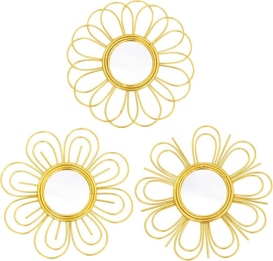 Gold Mirrors 3 Piece, 9 inch Flower-Shaped Mirror Hanging Wall Decor, Valentine Decorative Mirror Wall Art, Round Mirrors for Bedroom,Living Room,Bathroom, House Warming Valentine Gifts