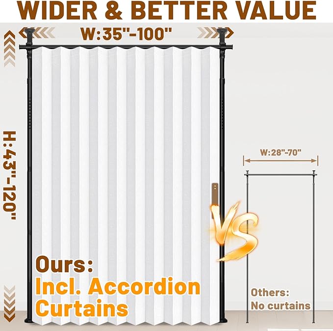 AJAZZ Privacy Curtains for Room Divider with Blackout & Soundproof (White, W100 x L96 in, 1 Panel)+ No Drill Curtain Rod(H) 43-120×(W) 35-100 in, Wall Divider for Bedroom/Studio/Office Curtain