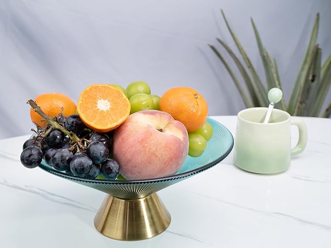 Tapered Glass Decorative Bowl (Blue), 9.8 Inches Handblown Striped Design Glass Bowl with Rust Resistant Metal Base,Decorative Fruit Bowl for Home Decor,Table Centerpiece,Kitchen Island,Dining Decor