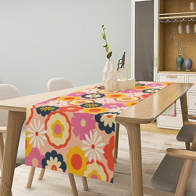 Retro 70s Groovy Florals Table Runner Vintage Hippie Seasonal Spring Summer Garden Flowers Farmhouse Country Dinner Runner for Home Kitchen Dining Table Party Holiday Decor 13"x90"