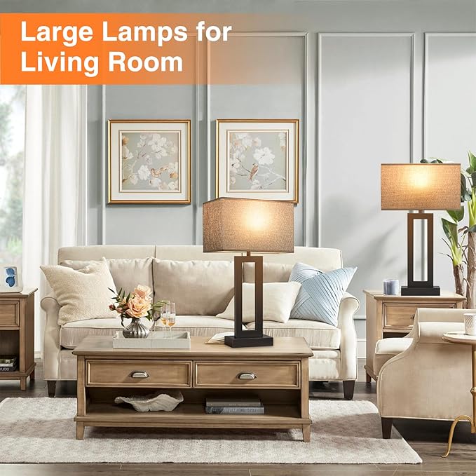 Seealle 22" Tall Living Room Lamps for Night Stands - Touch Bedside Lamp with USB C+A, 3 Way Dimmable Bedroom Lamps for End Tables Set of 2, Modern Night Stand Lamps for Bed Side(Grey&Black)