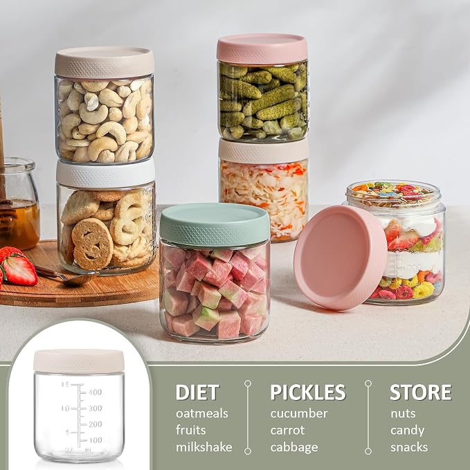 POIKSHARK 4-Pack Overnight Oats Containers with Lids,16 OZ Wide Mouth Glass Jars with Airtight Lids, Mason Jars Glass Food Containers for Snack Spice Sugar Food Prep Yogurt