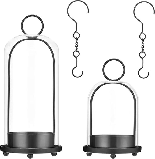 Hurricane Candle Holders Set of 2, 5" & 4" Metal and Glass Candle Lantern with Clear Dome for Pillar Candle, Wedding & Christmas Table Centerpiece, Farmhouse Home Decor (Black, Large & Small)