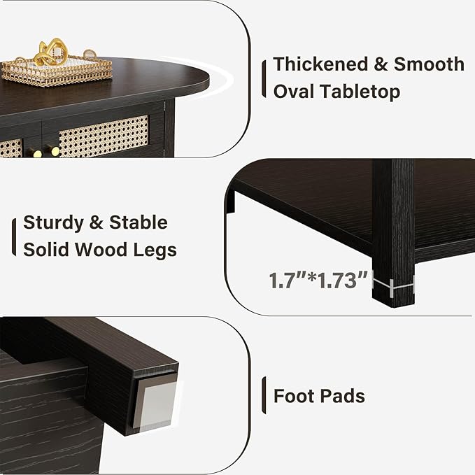 LVB Rattan Coffee Table, Boho Wood Living Room Table with Storage, Oval Modern 2-Tier Cocktail Tea Table with Doors & Open Shelf, Farmhouse Vintage Center Tables for Bedroom Office, Black Oak, 47In