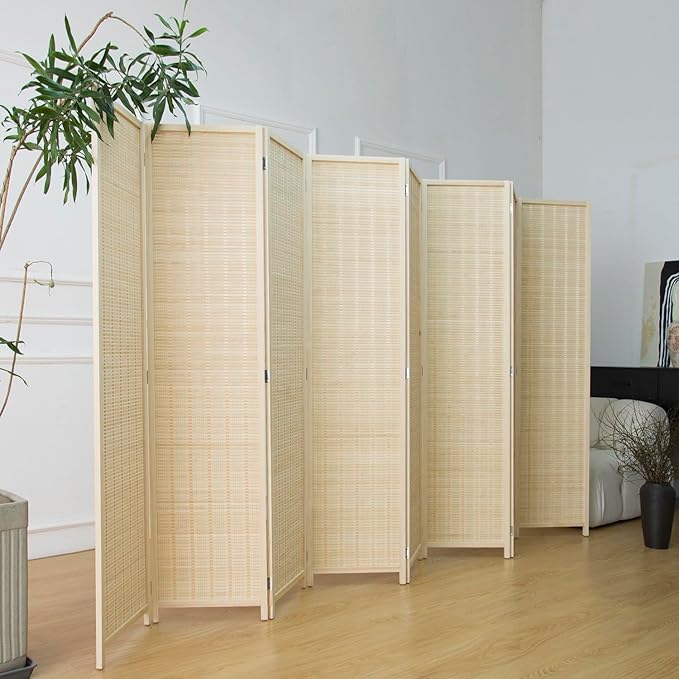 Furnnylane 8 Panel Bamboo Room Divider - 5.6 ft Tall Folding Privacy Screen, Natural Beige Freestanding Partition Wall (67" x 122.8", 8-Panel)