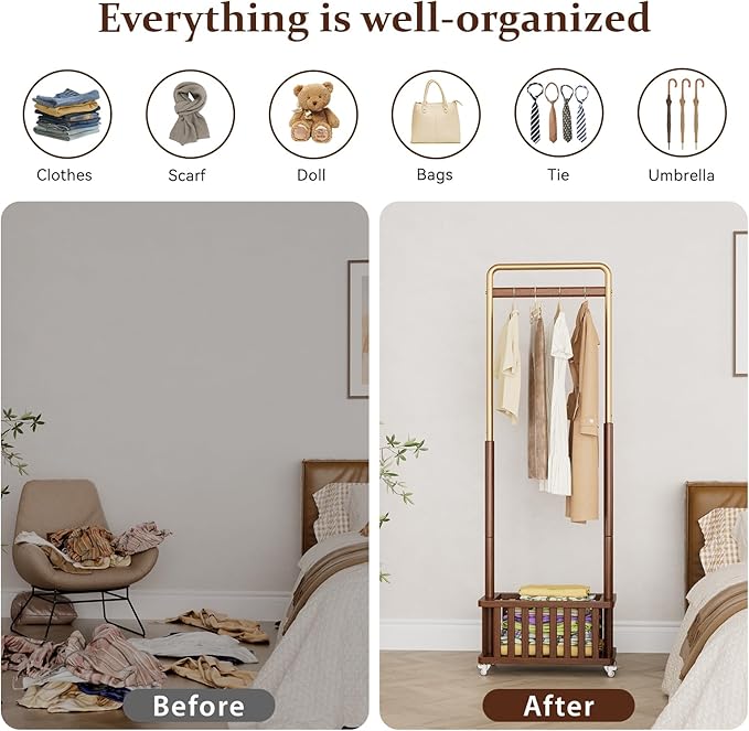 Taitiy Clothes Rack Solid Wood Coat Rack, Metal and Solid Wood Combination Clothing Rack with Wheels for Entryway, Bedroom, Living Room, Coat Racks Freestanding for Hanging Clothes Garment Scarf
