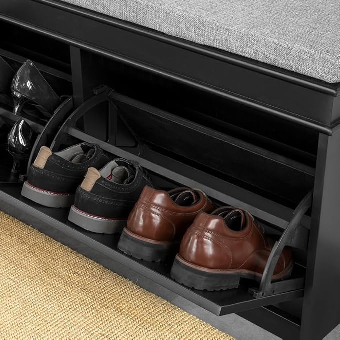 SoBuy Black Storage Shoe Bench with 2 Flip Drawers, Hidden Shoe Bench, Free Standing Shoe Rack, Shoe Cabinet, Hallway Storage Bench with Seat Cushion FSR64-SCH