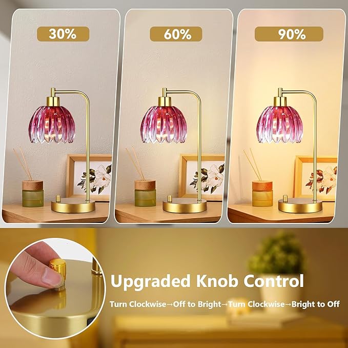 ILLMTW Pink Table Lamp Set of 2,Small Gold Bedside Lamps Dimmable Boho Bedroom Lamp with Tulip Flower Glass Lamp Shade,Vintage Mid Century Modern Mini Nightstand Lamp for Kids Bedroom Living Room