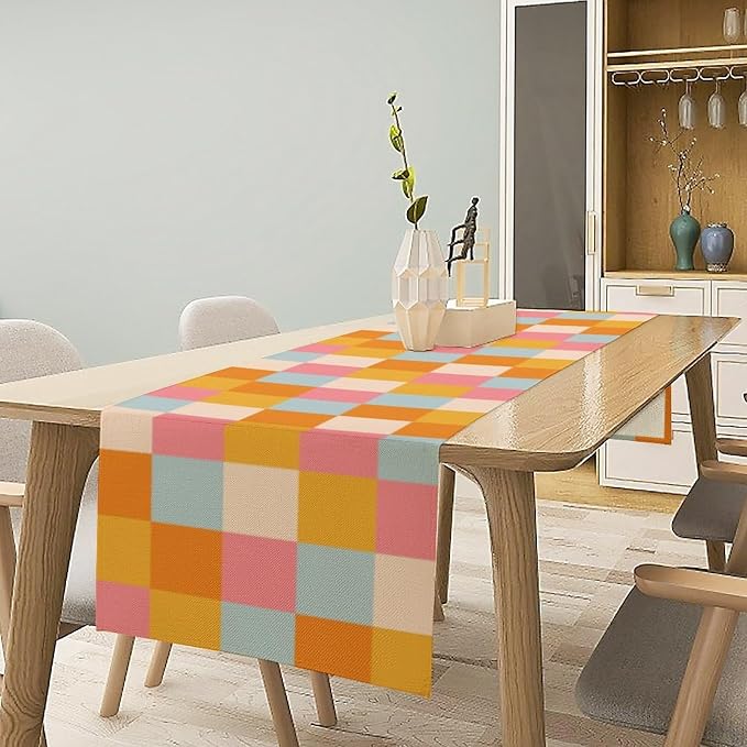 70s Hippie Table Runner Vintage Geometric Square Square Grid Yellow Orange Pink Blue 1960s 1970s Retro Country Farmhouse Dinner Runner for Living Room Kitchen Party Holiday Dinner Home Decor 13x120in