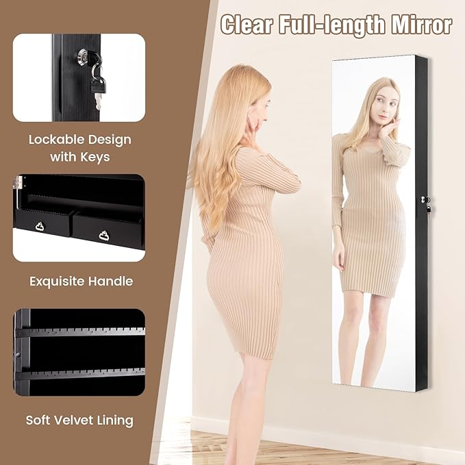 LOKO Mirrored Jewelry Armoire, Wall/Door Mounted Jewelry Cabinet with Full-Length Mirror, Lockable Jewelry Storage Organizer with 2 Drawers & 2 LED Lights, for Girls Women Gift Bedroom (Black)