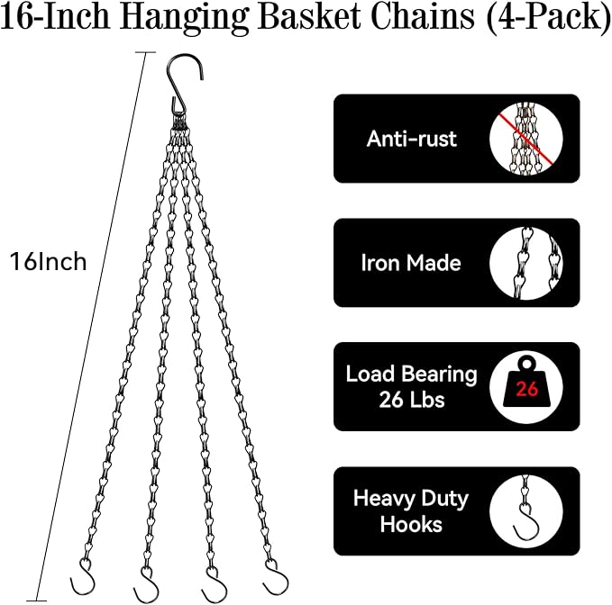 ZeeDix 4 Pack, 16 Inch Hanging Basket Chain with Hooks, Black Metal Planter Flower Pot Chain for Hanging Plants Outdoor, Adjustable Replacement Chain for Lanterns, Bird Feeders and Flowers