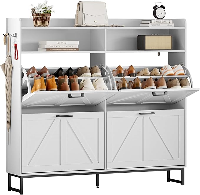 Wodeer Shoe Cabinet Storage for Entryway, Shoe Storage Cabinet with 4 Flip Drawers, Freestanding Narrow Shoe Rack Organizer with Metal Legs, Adjustable Shelves & Open Storage for Foyer, Hallway, White
