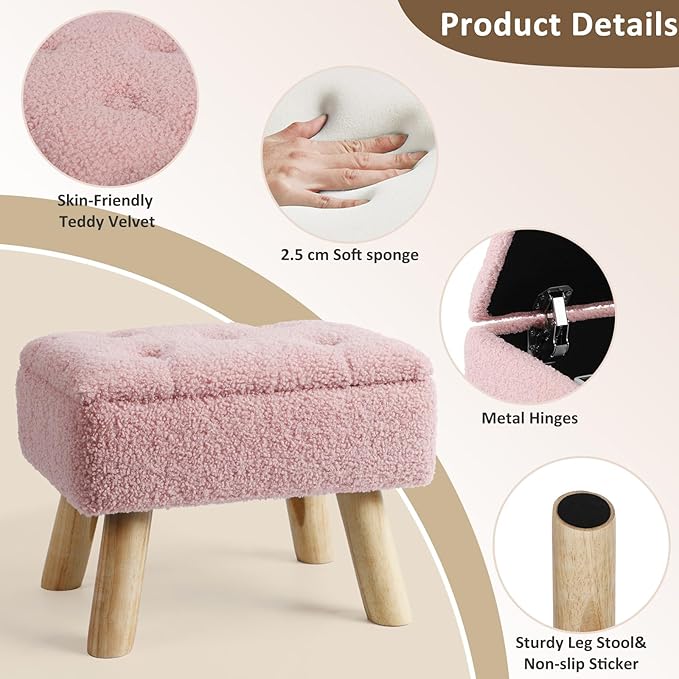 OGEMXU Storage Ottoman, Small Foot Stool Ottoman with Storage, Boucle Teddy Velvet Foot Rest with Padded Seat, Sturdy Wood Legs Stool for Living Room, Bedroom, Couch, Enterway (Pink)