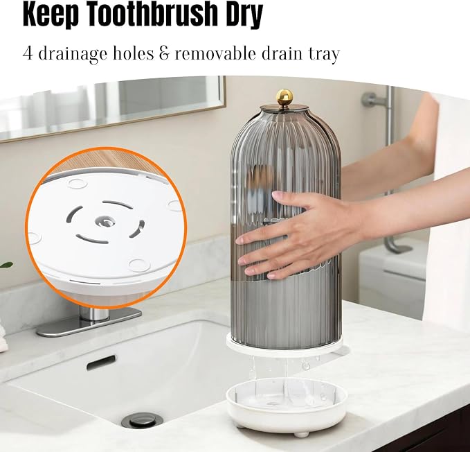 JEESA Dustproof Toothbrush Holder Organizer with Drainage, Grey | Sliding Door Cover, 360 Rotating, 3 Slots, Bathroom Countertop