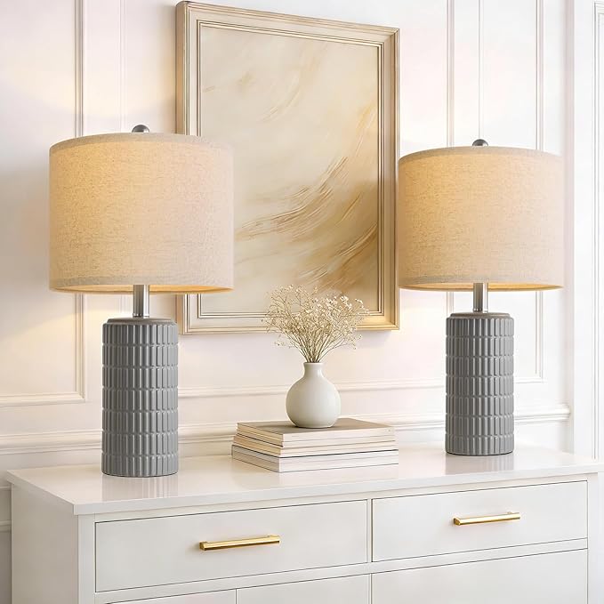 PoKat 20.75'' Ceramic Small Table Lamps for Bedroom, Modern Dark Gray Bedside Lamps Set of 2, Farmhouse Lamps for Living Room with Linen Lampshade for Night Stands Guest Room Side End Table Console