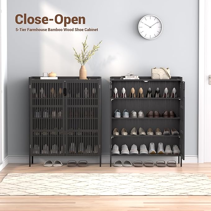 Shoe Cabinet, 20 Pair Farmhouse Shoe Organizer Cabinet, Freestanding Bamboo Wood Shoe Storage Cabinet with Grille Doors, 5-Tier Narrow Shoe Cabinet for Entryway Hallway, Black