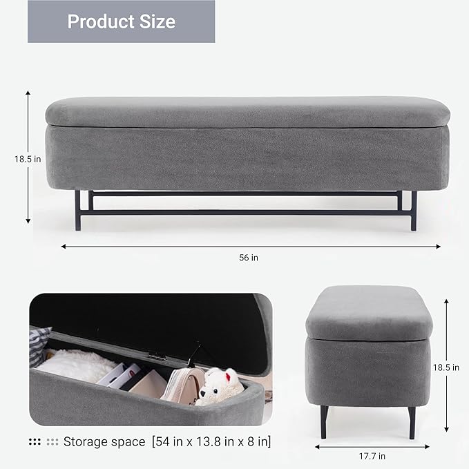 56" Boucle Storage Bench for Bedroom, Upholstered Teddy Ottoman Bench, Modern Extra Long Storage Bench for End of Bed/Entryway/Livingroom/Window (Charcol)