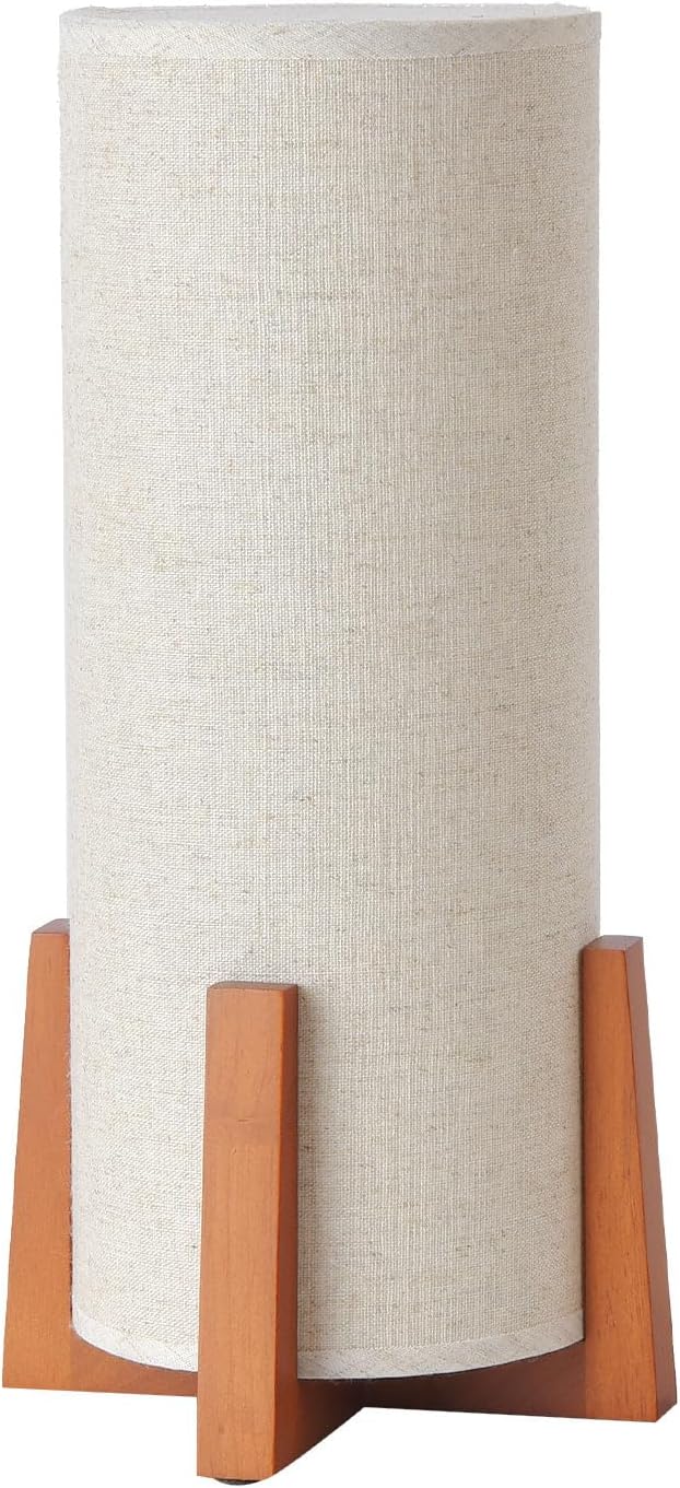 Modern Small Table Lamps, Nightstand Lamp with Linen Fabric Shade, 13.97" Cylinder Wood Base Bedside Table Lamp for Bedroom Office Living Room Home Decor