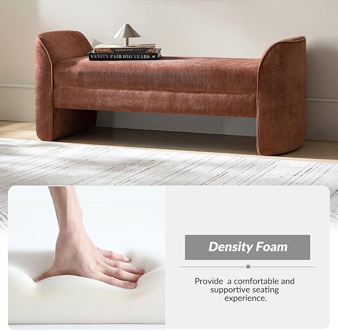 HULALA HOME 57" Modern Chenille Bench with Thick Padded Seat, Upholstered End of Bed Bench for Bedroom, Entryway & Living Room Seating, Rust