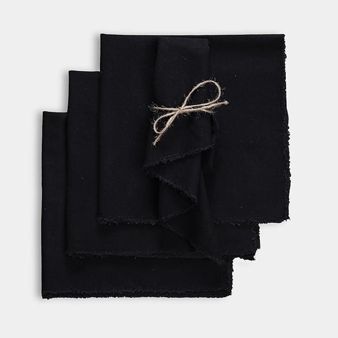 Palisa Premium Cotton Dinner Napkins Set of 4 | Black Frayed Edge Rustic Farmhouse Table Linen | Soft Washable Long Lasting Durable Cloth Serviettes for Wedding Dining Decor 18x18 Inch