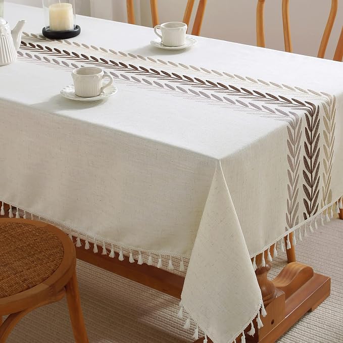 JIALE Heavy Duty Cotton Linen Waterproof Tablecloths Farmhouse Tablecloth, Soft and Wrinkle Free Table Cover with Tassels, Square, 55''x55'', 4 Seats