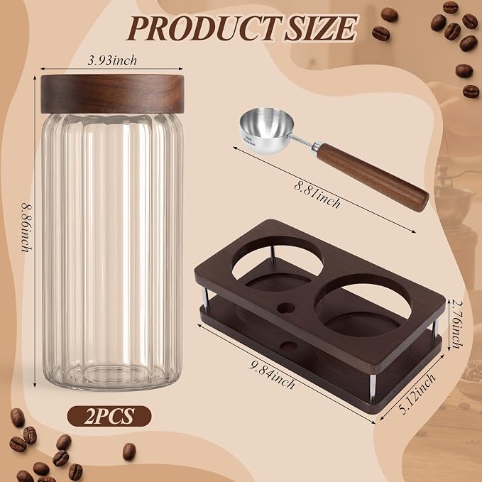 Suclain Glass Coffee Grounds Container with Shelf 2 x 44 oz Glass Coffee Bean Storage Canisters with Airtight Thread Lid and Measuring Spoon for Kitchen Sugar(Striped Style, Wood)