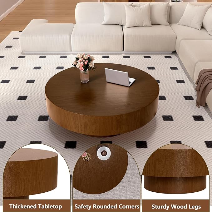 Modern Round Coffee Table with Sturdy Base, Circle Coffee Tables with Natural Wood Grain Texture Accent Tea Table Center Table for Living Room Apartment Office, Brown39.37 Dx39.37 Wx13.8 H