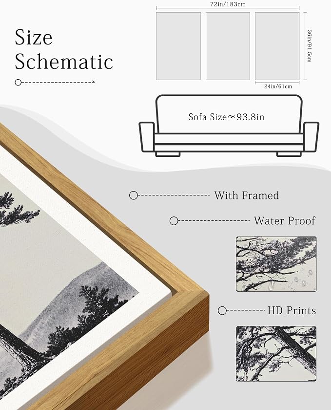 KUVIOKE Vintage Black Gray Forest Wall Art Framed Antique Retro Tree Prints Modern Rustic Artwork Bedroom Living Room Ready to Hang 24x36in (Natural Framed)