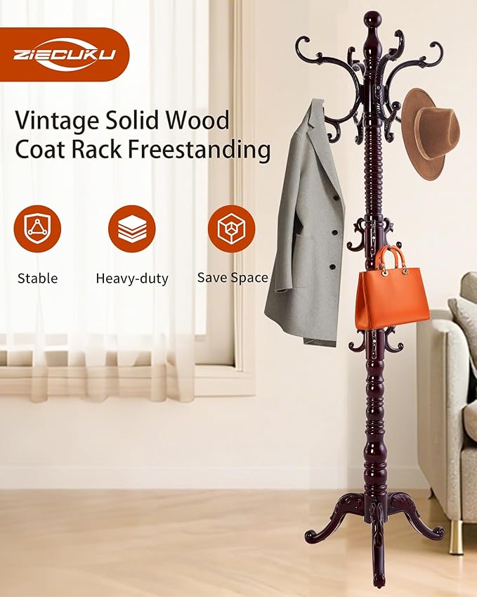 Wooden Coat Rack Freestanding, Solid Wood Coat Rack Stand with 14 Hooks, Vintage Heavy Duty Coat Racks,Standing Coat Jacket Hanger Tree Stand for Corner, Office, Entryway