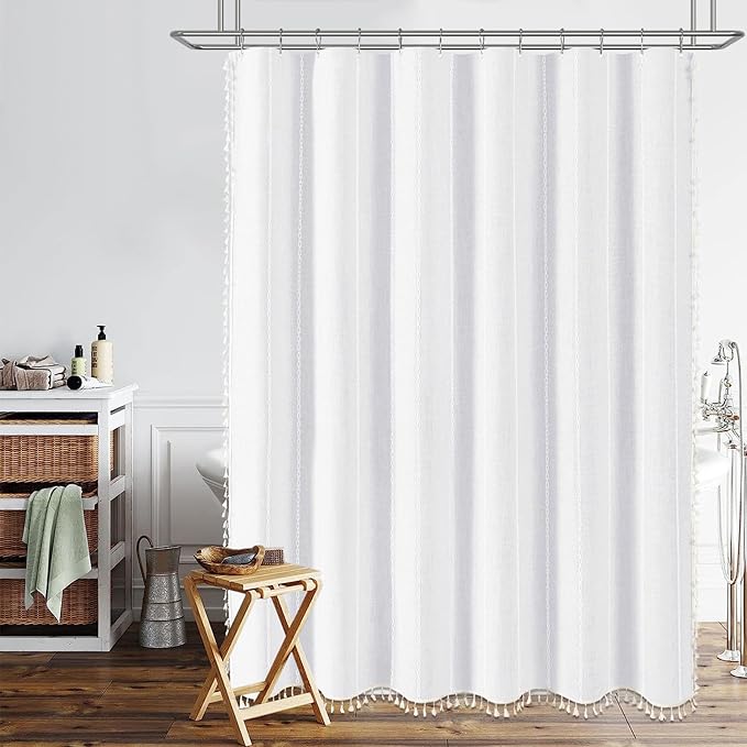 BTTN Extra Long Shower Curtain, 72x84 Inch Long Boho Tassel Linen Fabric Thick Shower Curtain Set with Plastic Hooks, Large Modern Farmhouse Country Decorative Cloth Shower Curtain for Bathroom, White