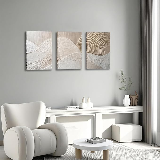 skysoon 3 Panels Neutral Abstract Wall Art, Minimalist Textured Canvas Wrapped Wall Decor, Beige Modern Boho Nordic Artwork for Living Room Bedroom Office 16x24 Inch