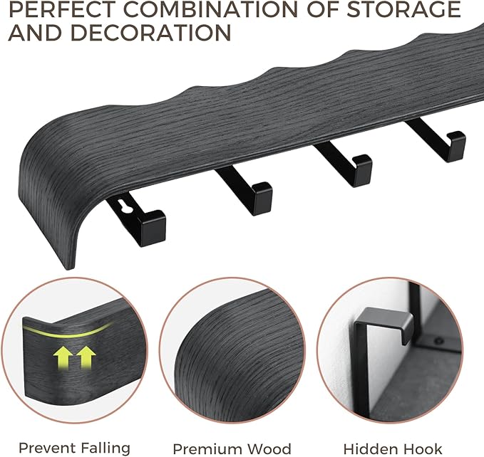 Coat Rack Wall Mount with Shelf Entryway Shelf Modern Key Holder Hanger Wall Shelves with Hidden Hooks for Hanging Towels Coats Hats Bags for Hallway Bathroom Bedroom (Wavy Black, 4 Hooks)