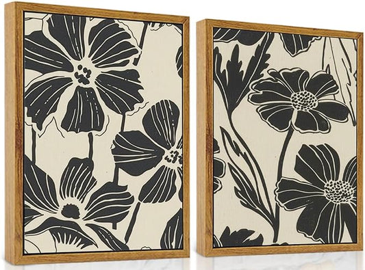 ARTZIO Framed Canvas Prints - Boho Abstract Flower Wall Art,Minimalist Botanical Painting,Vintage Retro Decor for Living Room,Bedroom & Bathroom,Set of 2,Ready to Hang(16"x24")