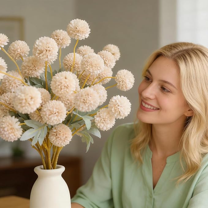 12 Pcs Beige Fake Flowers for Vase, 50 Heads Faux Silk Mums with Eucalyptus, Artificial Flowers with Long Stem, Chrysanthemums for Wedding Centerpieces Floral Arrangements Home Decor