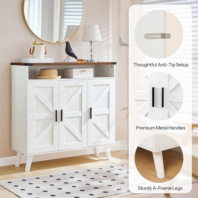 HOOBRO Shoe Cabinet Storage for Entryway, Wooden Shoe Organizer Cabinet With 3 Doors, 39.4" Freestanding Shoe Cabinet Storage for Closet, Entryway, Large Capacity, Farmhouse, White and Walnut WH20SC01