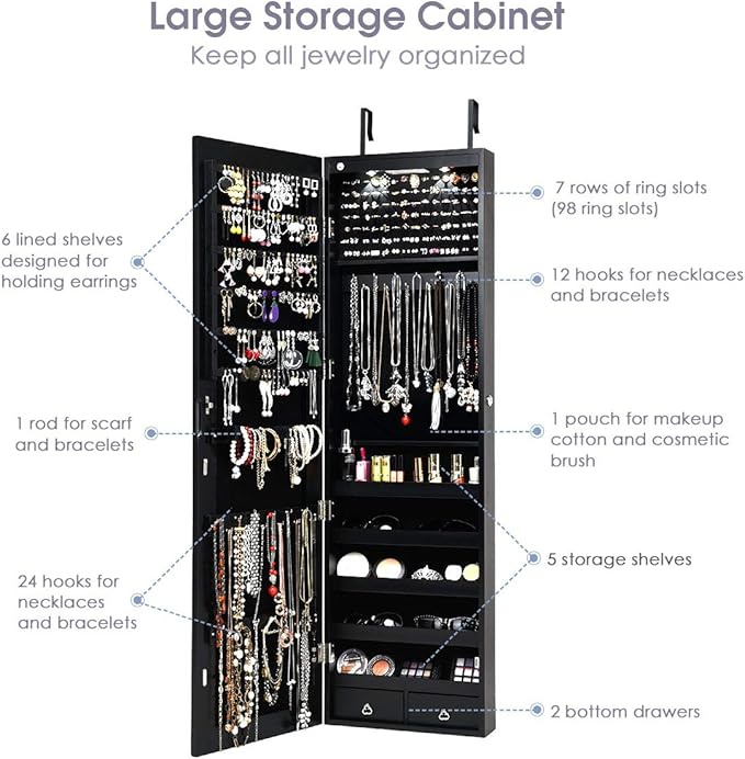 Jewelry Armoire Cabinet with Full-Length Mirror, 2 LEDs, 2 Keys, Makeup Pouch, Bracelet Rod, 2 Drawers, Wall Door Mounted, Full Screen Jewelry Cabinet for Bedroom (Black)