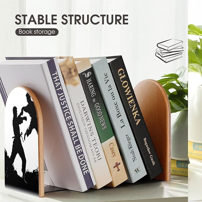 Kickboxing Book Ends Wooden Bookends Non-Skid Metal Base Heavy Duty Book Shelves Decor, Decorative Bookends for Books/CDs Bookshelf Table Home Decor