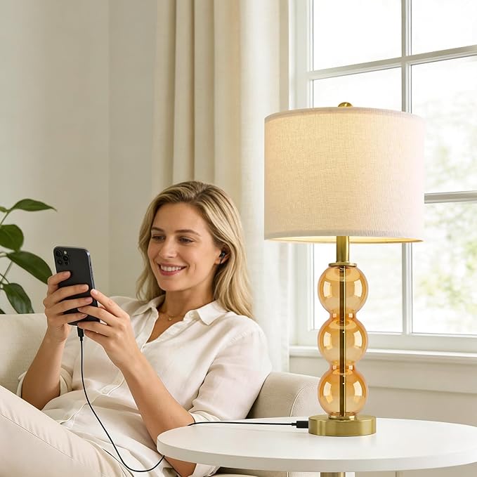 Oneach 25" Amber Glass Table Lamps for Living Room, Glass Modern Table Lamp Set of 2, USB Charging Ports, Linen Shade, Bedside Lamps for Bedroom, Nightstand, Side Table (Bulbs not Included)