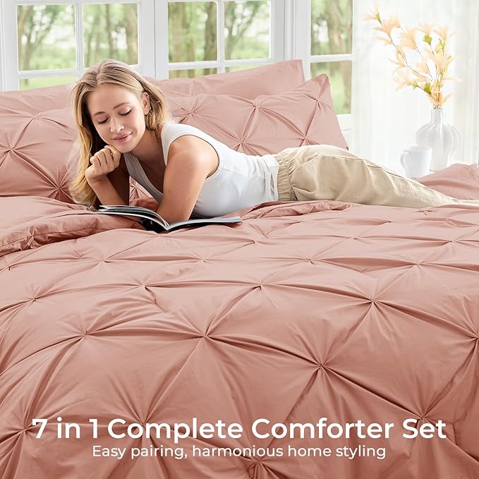 Sasttie Full Size Comforter Set, 7-Piece Bed in a Bag Double, Pintuck Bedding Set for All Season, Includes Comforter, Flat Sheet, Fitted Sheet, Pillowcases and Pillowshams, Blush