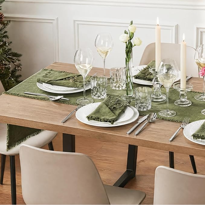 KINGSTONE 14 x 108 Inches Frayed Edge Table Runner, 270G Heavyweight Sand Washed Slub Texture Cotton Linen for Modern Farmhouse, Rustic Home Decorations Dining Room Wedding Boho Decor, Moss Green